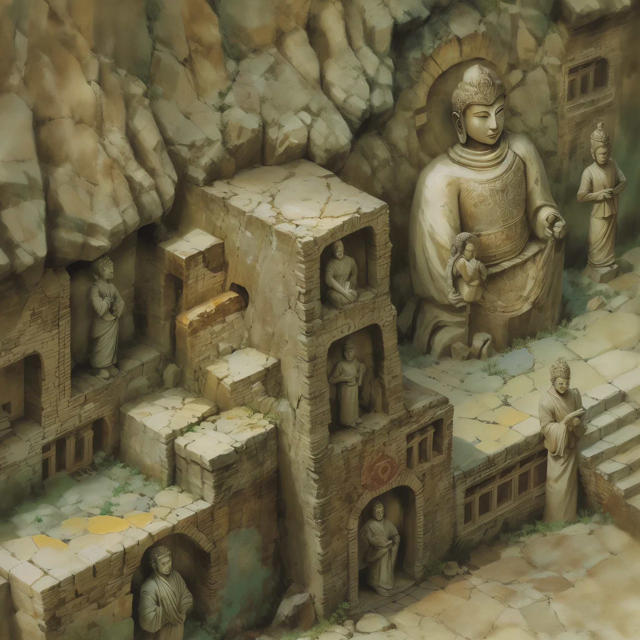 Historietas, entintado plano, contorno grueso, Illustration of Buddhas made of stones carved and sculpted on the mountain, temblo budista, marro, oscuro, Buddhist pantheon carved into the mountain, pintado a mano