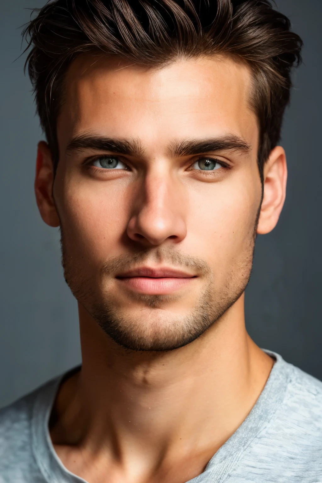 A highly detailed UGC (User-Generated Content) image of a male creator looking directly at the camera with balanced lighting illuminating his face, creating sharp contrasts and shadows. The lighting enhances the natural features of his face, emphasizing his expressive eyes and subtle facial expressions. The overall image is crisp and clear in v6.0 resolution with a smooth s2 filter applied to give it an almost cinematic quality. This image is perfect for use in social media profiles, digital marketing, or any other context where a clear and engaging portrait of a male is needed.