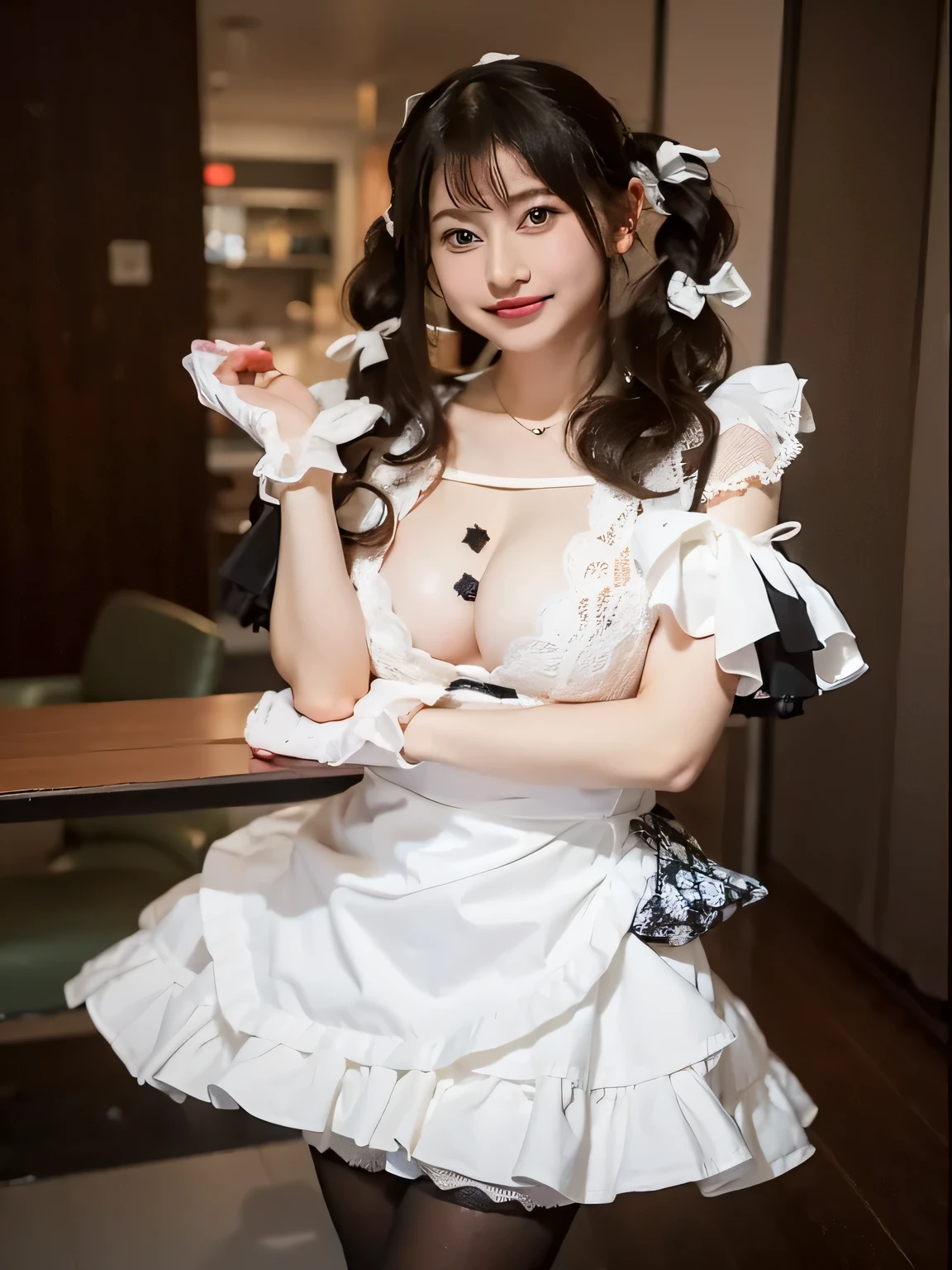 araffe dressed in a maid outfit posing for a picture, gorgeous maid, anime girl in a maid costume, cosplay of a catboy! maid! dress, anime girl cosplay, maid outfit, cosplay photo, maid dress, anime cosplay, wearing maid uniform, anime cat girl in a maid costume, cosplay, japanese maid cafe, maid, twintails white_gloves,The face is always LoRA's Amemiya