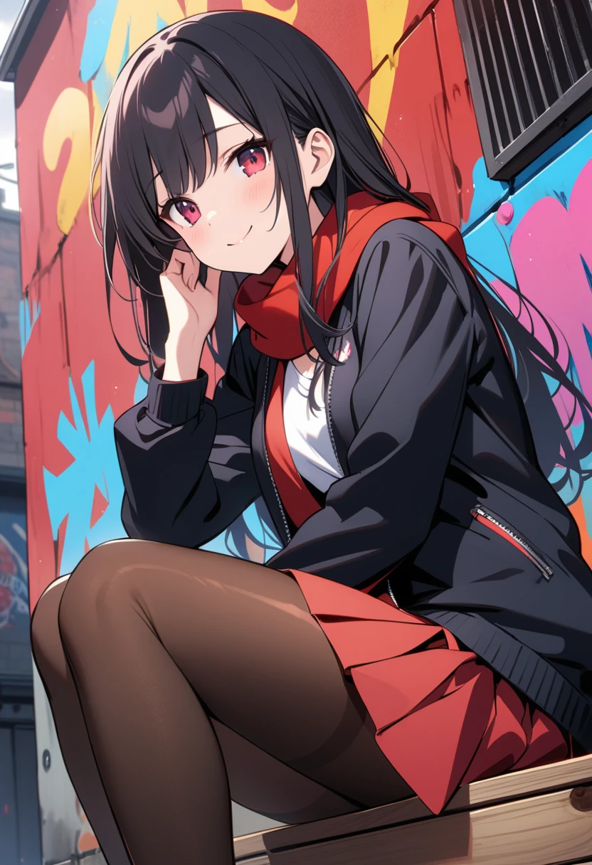 顶级animation质量,animation,HD,1080P,solo,(low angle),a woman,close mouth,smile,extremely detailed black hair and happy eyes,long hair with swept bang,(One hand touching the face),sitting on the steps,(red scarf, black zip up jacket and red pleated skirt),trend,detailed pantyhose,Sitting on a wooden box,Graffiti wall background,dark feeling,(cool feeling),(Gloomy atmosphere)