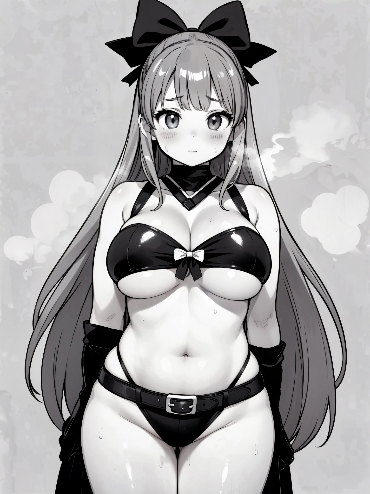 1girl,arms at sides,bare shoulders,belt,bow,breasts,crop top,grey background,hair bow,hair ribbon,large breasts,light blush,long hair,looking down,midriff,monochrome,navel,plump,ribbon,shiny skin,sidelocks,simple background,solo,steam,steaming body,sweat,underboob