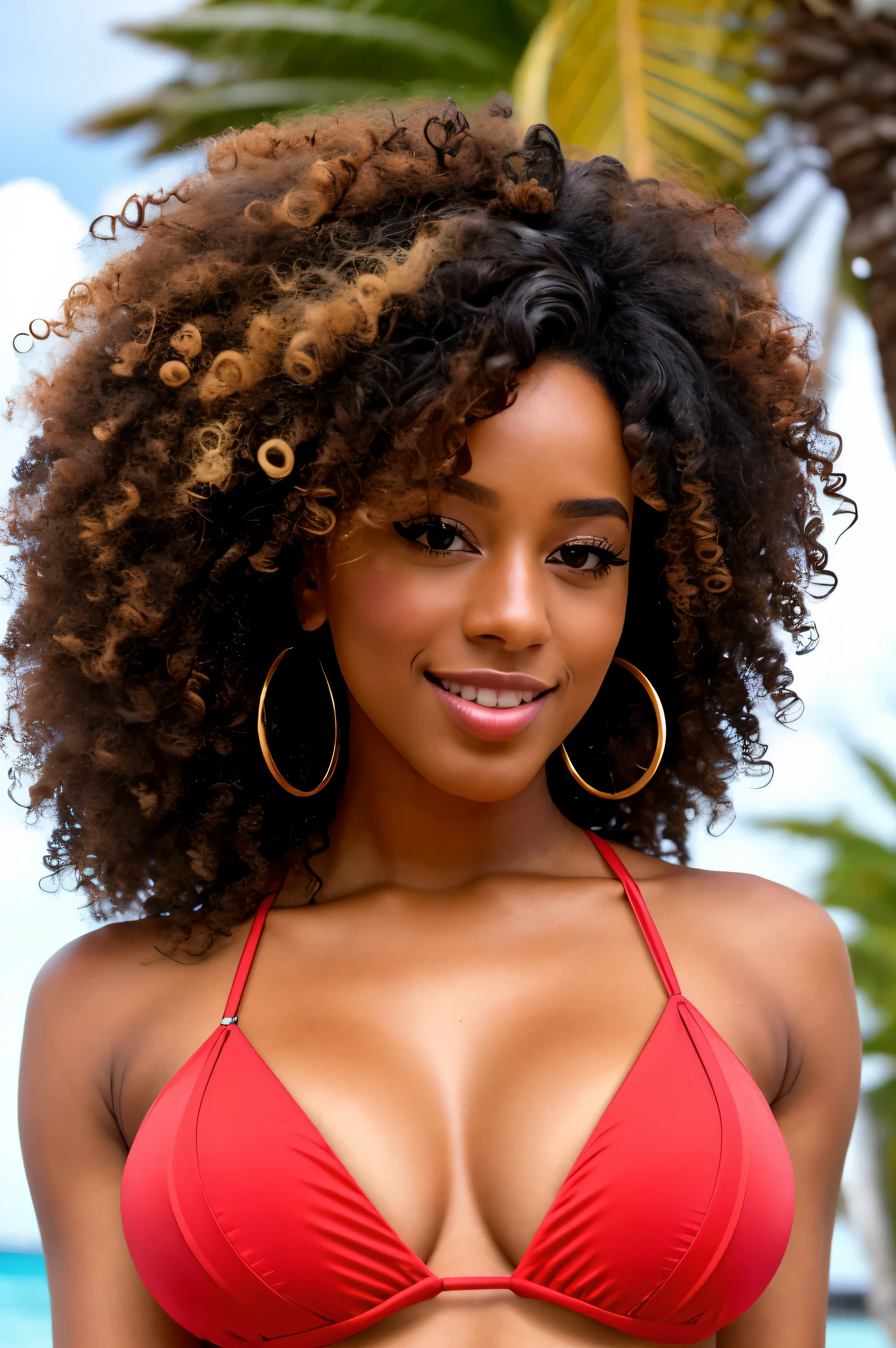 A stunning 25 year old Caribbean woman'captivating and seductive aura, sporting enchanting curly hair that cascades over her shoulders. Her tantalizing look seduces with a touch of'espièglerie, car elle respire la confiance et l'attrait.