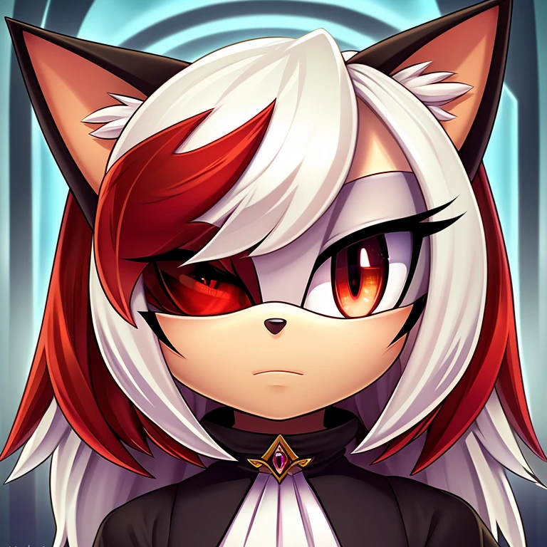 solo, Sage, mobian, slit pupils, cat ears, female mobian, looking at viewer, (white hair, red hair, two-tone hair, hair over one eye), red eyes, outline, Intricate Details, Masterpiece, Best Quality, High Quality, Studio Quality, Best Detail, Perfect Detail, Refine Detail.