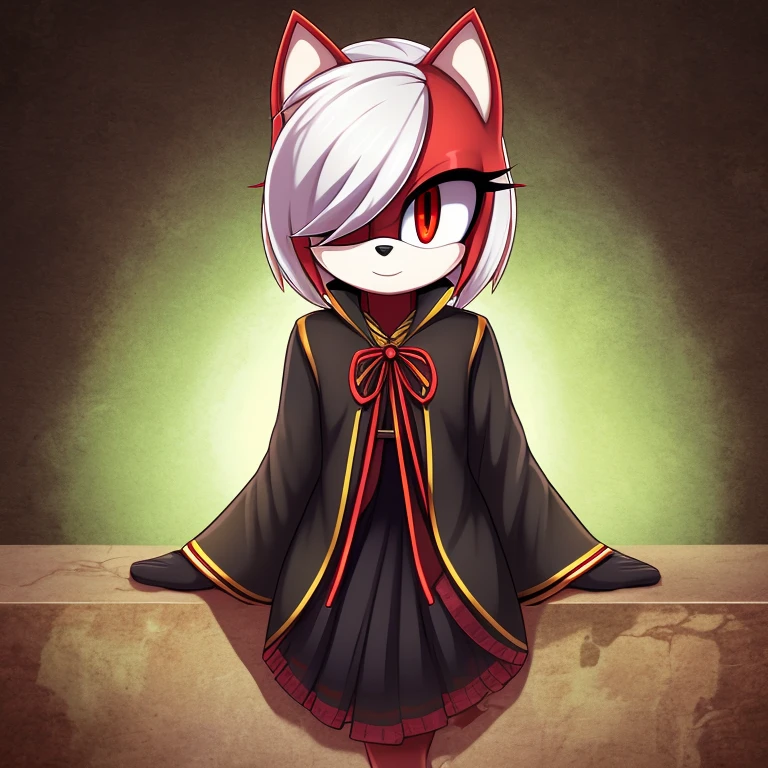 solo, Sage, mobian, slit pupils, cat ears, female mobian, looking at viewer, (white hair, red hair, two-tone hair, hair over one eye), red eyes, outline, Intricate Details, Masterpiece, Best Quality, High Quality, Studio Quality, Best Detail, Perfect Detail, Refine Detail.