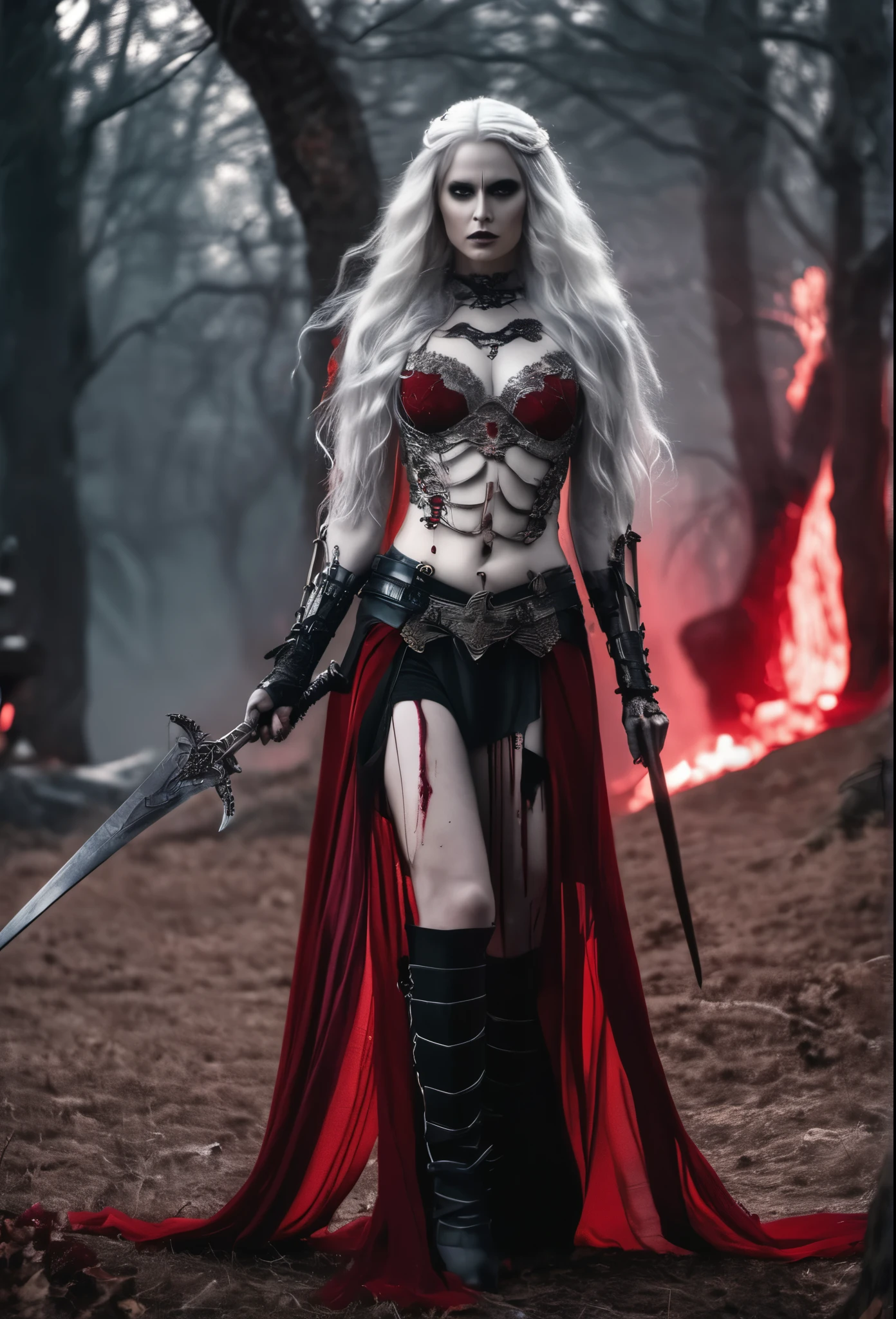 cinematic photo [ :(b&V, monochrome, Film Photography:1.3):0.5], full body female, (Queen of the Undead:1.1), Pale skin, a spear, bare chest, erect nipples(blood on Veapon:1.2), (crimson-red and gray intricate skeletal armor:1.3), exposed rib cage , long Vhite hair, (fantasy background:1.3), epic atmosphere, Amazing details, fantasy, 8 k, graveyard background, ghost, spirit . 35mm photography, movie, bokeh, professional, 4K, Очень подроbный