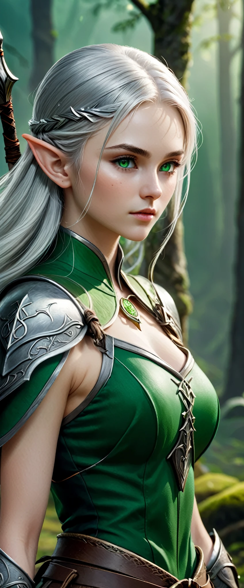 (master piece), 8k, best quality, view of the left side of the entire body, Elf, young, , with slightly flushed white skin, subtly contrasting with her long, silver hair. Her body was slim and athletic, with a height of 168cm. Her green eyes, conservative detailed warrior outfit, holding war bow with rune writing, left body positioning, warrior, courageous, strong, heroine, valor, fearless, full of action, adventure, serious expression