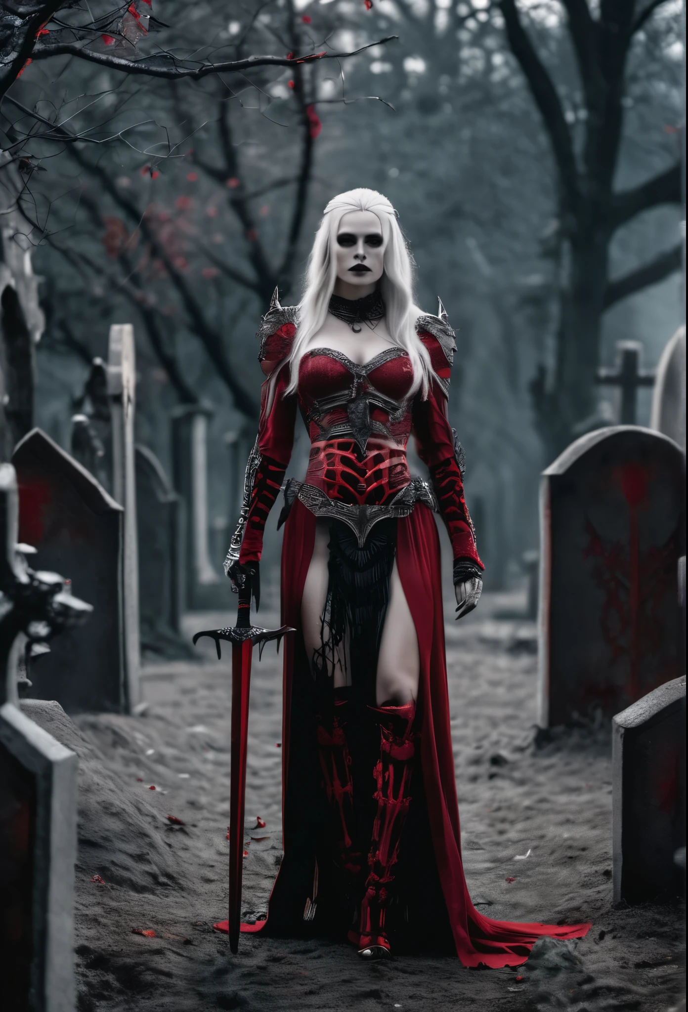 cinematic photo [ :(b&V, monochrome, Film Photography:1.3):0.5], full body female, (Queen of the Undead:1.1), Pale skin, a spear, bare chest, erect nipples(blood on Veapon:1.2), (crimson-red and gray intricate skeletal armor:1.3), exposed rib cage , long Vhite hair, (fantasy background:1.3), epic atmosphere, Amazing details, fantasy, 8 k, graveyard background, ghost, spirit . 35mm photography, movie, bokeh, professional, 4K, Очень подроbный