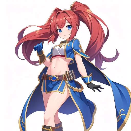 solo female, midriff, ((( white background))), character focus, fantasy clothes, standing, grove cuff, gloves, character design,