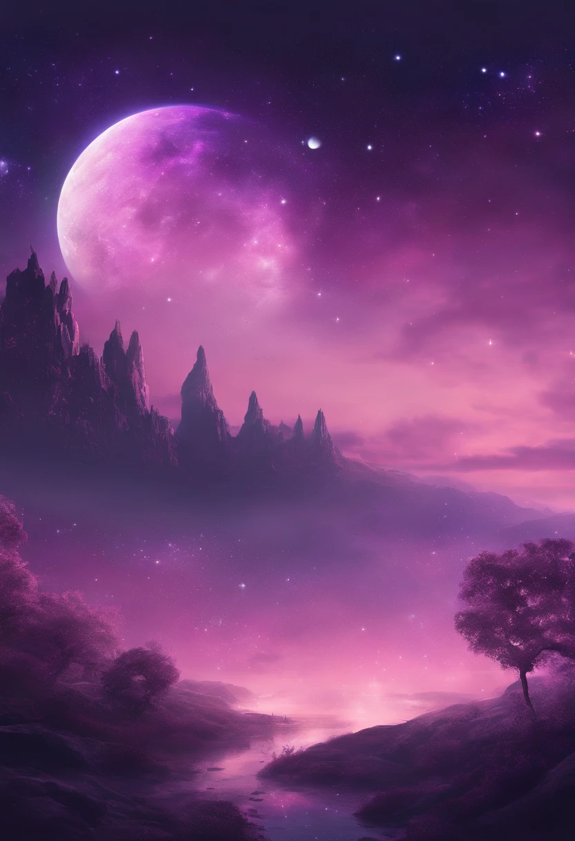 ((HG)), A captivating ((photorealistic image)) of a ((dreamy night sky)) featuring ((a fulmoon)) and an array of twinkling stars. ((Galaxy)), creating a sense of depth and fantasy. ((soft dreamy ethereal atmosphere.)) This stunning 3D render, showcasing an aesthetic blend of cosmic and dreamy elements, calm pink and purple tone,