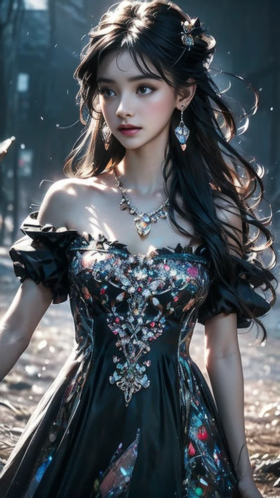 8K, ultra hd, masterpiece, 1 girl, (innocent face:1.4), detailed eyes, very long hair,soft makeup, impressive hairstyle, earings, necklace, medium breasts, (black dress:1.5), (fantasy dress:1.5) Light-colored foundation brings out the transparency of the skin, (in the wonderland:1.5), mystery, diwali lights, glowing lights, very decoration, The lights falls like water, perfect body,