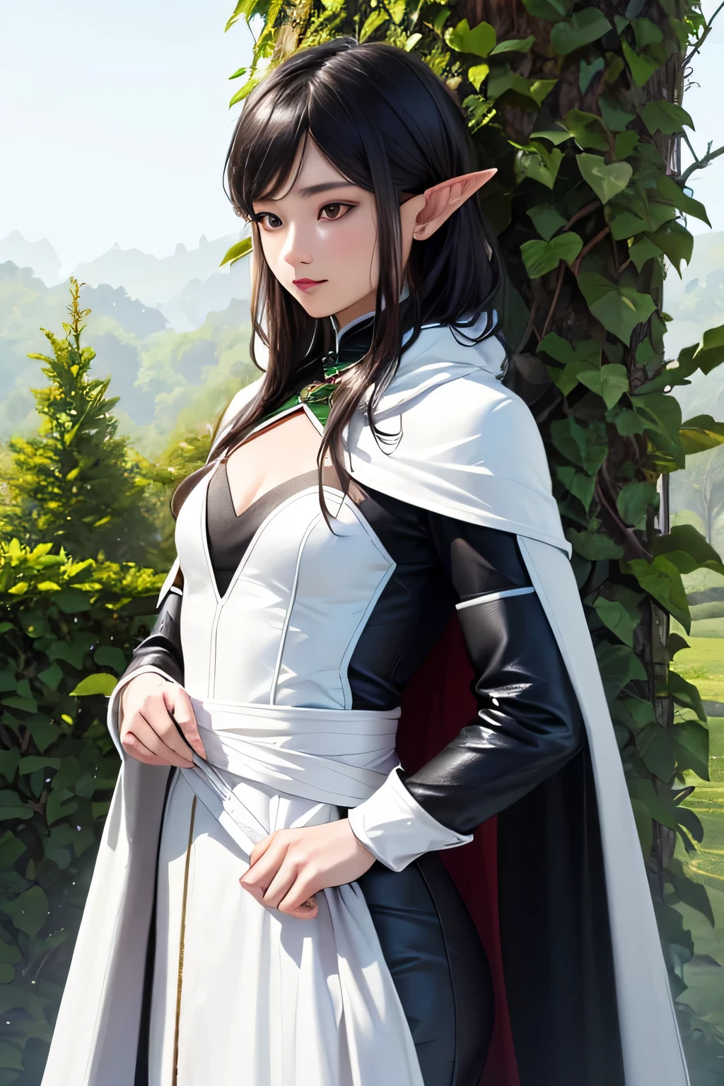 ((Highest quality)),(Ultra high resolution),(super detailed),(detailed description),((best CG)),(best artwork),super precision art,amazing drawing art,(Art Precisely detailed costume:1.5), (elf:1.6),Finely detailed leather armor:1.7,((wears a white cape:1.5)), (black hair), She stands on the edge of I laugh in a field, looking at nature and.。The soft sunlight surrounds you. (wearing leather blue clothes), not showing your body, use a leather armor, small breasts, no cleavage