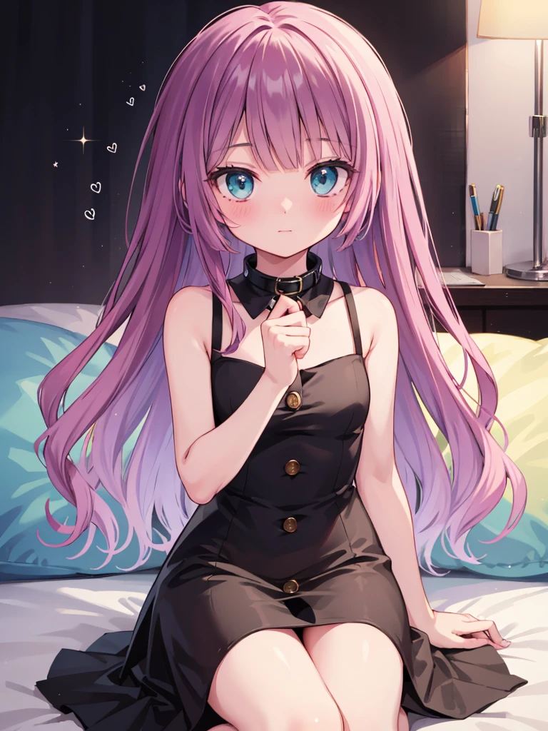 masterpiece, beautiful illustrations, highest quality, Anime-style female characters、big, Expressive turquoise eyes and long, Wavy, shoulder-length lavender hair. She is pale and delicate, A little blush on her face, soft smile. her clothes are、High collar、A dark sleeveless dress with two light colored buttons on the front。. The character&#39;s pose is relaxed, Place one arm on your knee, Suggests a casual and friendly attitude.