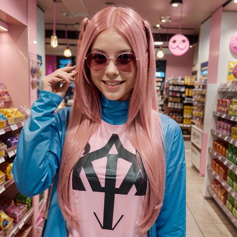 woman long pink hair, futuristic pink sunglasses, with smile, covered avatar outfit, in store