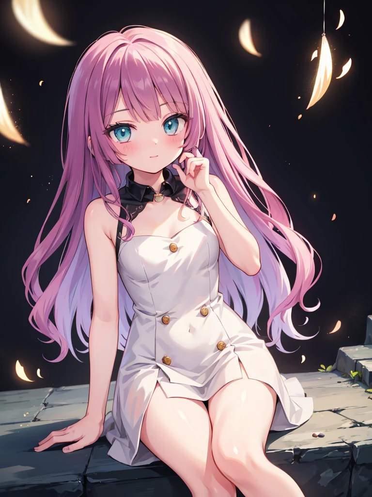 masterpiece, beautiful illustrations, highest quality, Anime-style female characters、big, Expressive turquoise eyes and long, Wavy, shoulder-length lavender hair. She is pale and delicate, A little blush on her face, soft smile. her clothes are、High collar、A dark sleeveless dress with two light colored buttons on the front。. The character's pose is relaxed, Place one arm on your knee, Suggests a casual and friendly attitude.