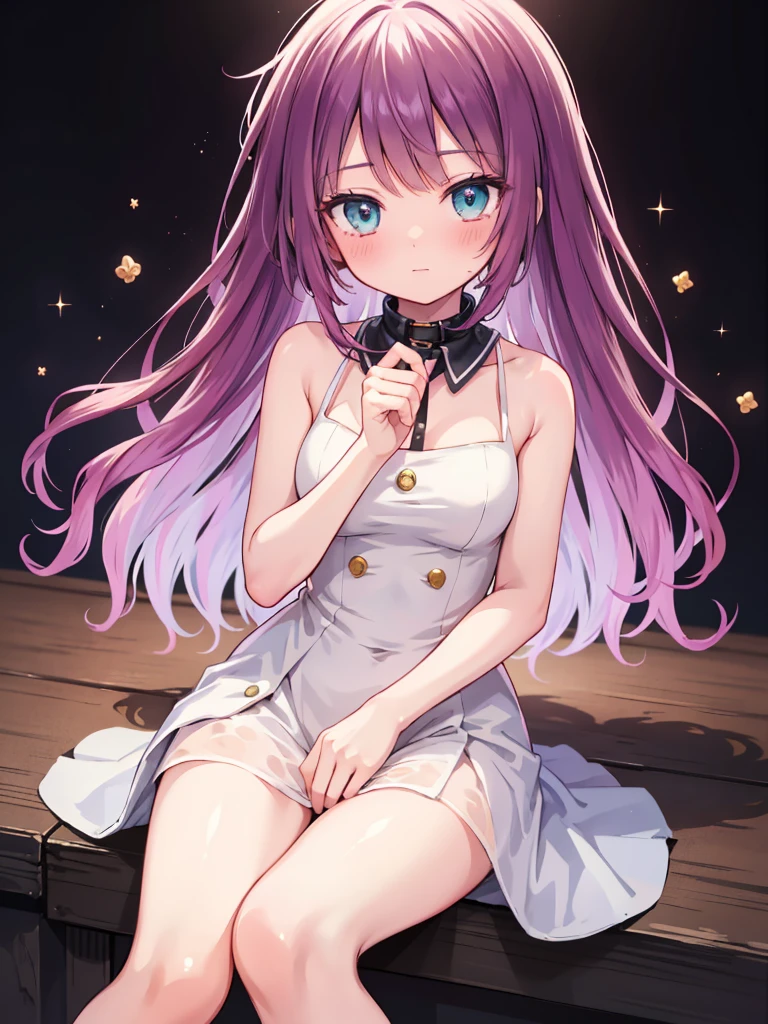 masterpiece, beautiful illustrations, highest quality, Anime-style female characters、big, Expressive turquoise eyes and long, Wavy, shoulder-length lavender hair. She is pale and delicate, A little blush on her face, soft smile. her clothes are、High collar、A dark sleeveless dress with two light colored buttons on the front。. The character's pose is relaxed, Place one arm on your knee, Suggests a casual and friendly attitude.