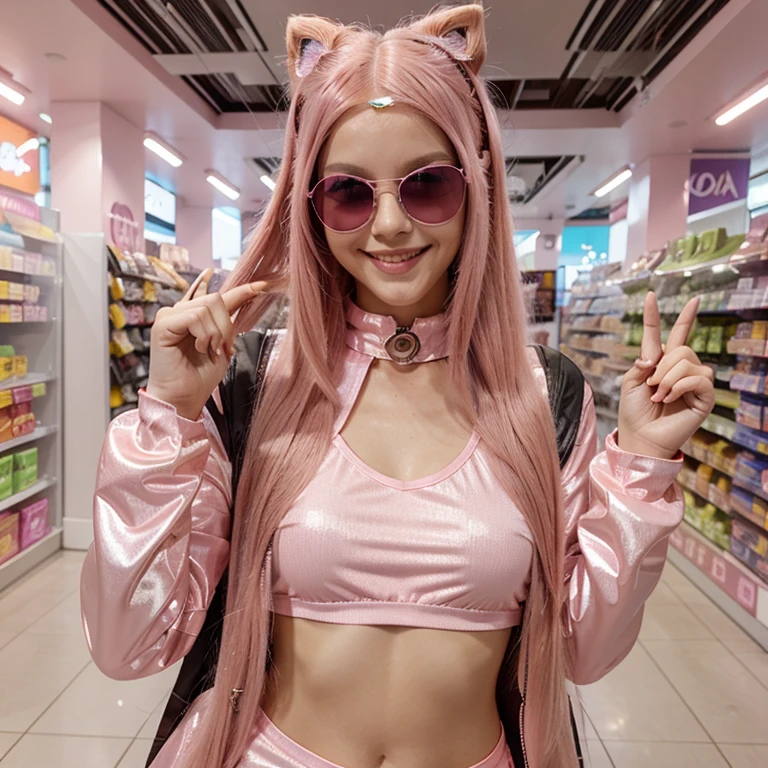 woman long pink hair, futuristic pink sunglasses, with smile, covered avatar outfit, in store