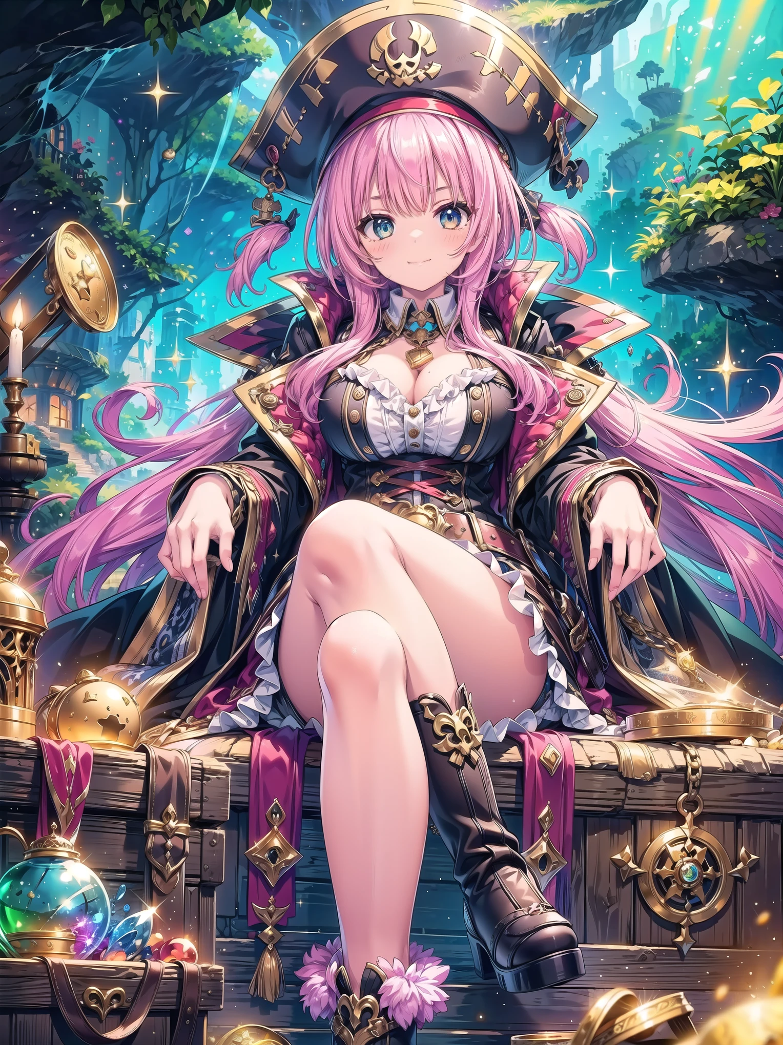 masterpiece, best quality, 1girl, solo, a girl in pirate suit with long hair sitting on the treasures and coins in a cave, treasures, jewel, gems, coins, glitter, long hair, pink hair, cleavage, captain hat, boots, frills, long coat, belts, crossed_legs, smug face, frome below