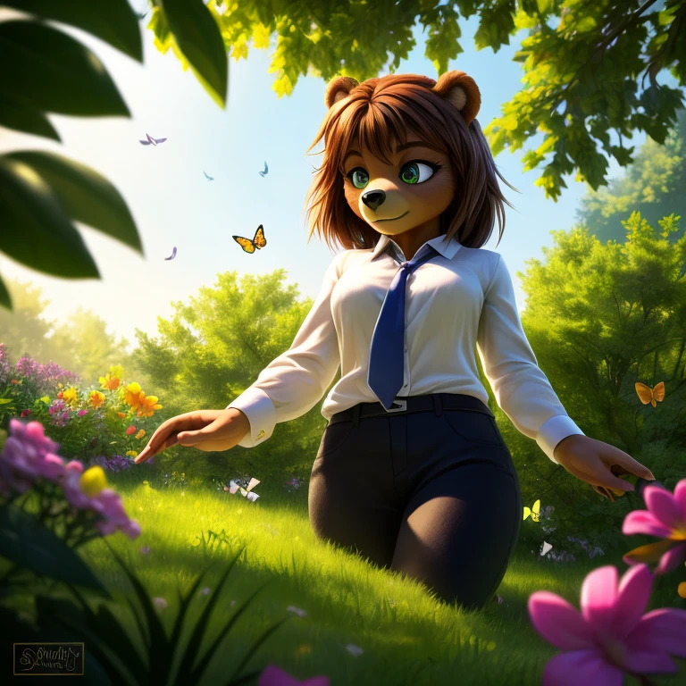 (bear girl mobian:1.3),brown fur,brown hair,green eyes,white shirt,black pants,pink tie,female mobian,buttoned shirt,dominant female,female mobian,(best quality,4k,8k,highres,masterpiece:1.2),ultra-detailed,(realistic,photorealistic,photo-realistic:1.37),portraits,vivid colors,lush green garden,soft sunlight,subtle shadows,peaceful atmosphere,vibrant flowers,butterflies flying around,birds singing in the background,gentle breeze,quietude and serenity.