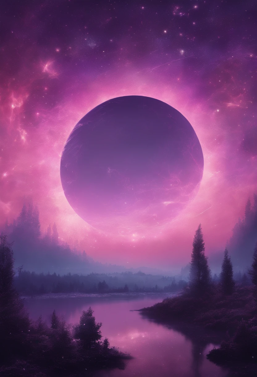 ((HG)), A captivating ((photorealistic image)) of a ((dreamy night sky)) featuring ((a fulmoon)) and an array of twinkling stars. ((Galaxy)), creating a sense of depth and fantasy. ((soft dreamy ethereal atmosphere.)) This stunning 3D render, showcasing an aesthetic blend of cosmic and dreamy elements, calm pink and purple tone,