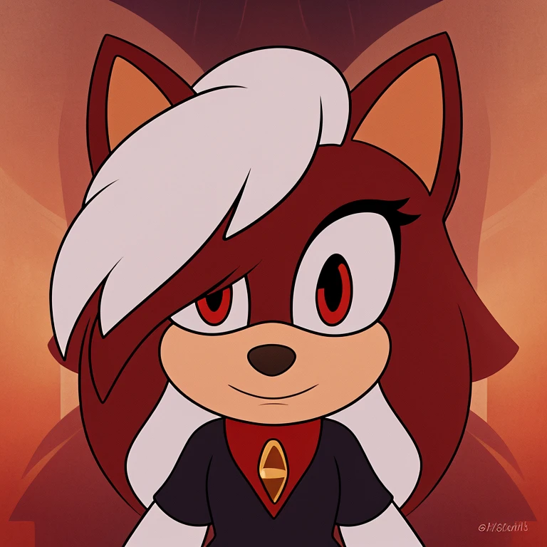 solo, Sage, mobian, slit pupils, cat ears, female mobian, looking at viewer, (white hair, red hair, two-tone hair, hair over one eye), red eyes, outline, Intricate Details, Masterpiece, Best Quality, High Quality, Studio Quality, Best Detail, Perfect Detail, Refine Detail.