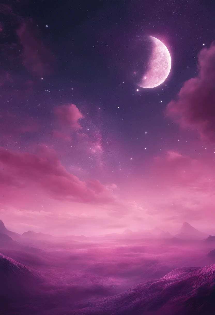 ((HG)), A captivating ((photorealistic image)) of a ((dreamy night sky)) featuring ((a fulmoon)) and an array of twinkling stars. ((Galaxy)), creating a sense of depth and fantasy. ((soft dreamy ethereal atmosphere.)) This stunning 3D render, showcasing an aesthetic blend of cosmic and dreamy elements, calm pink and purple tone,