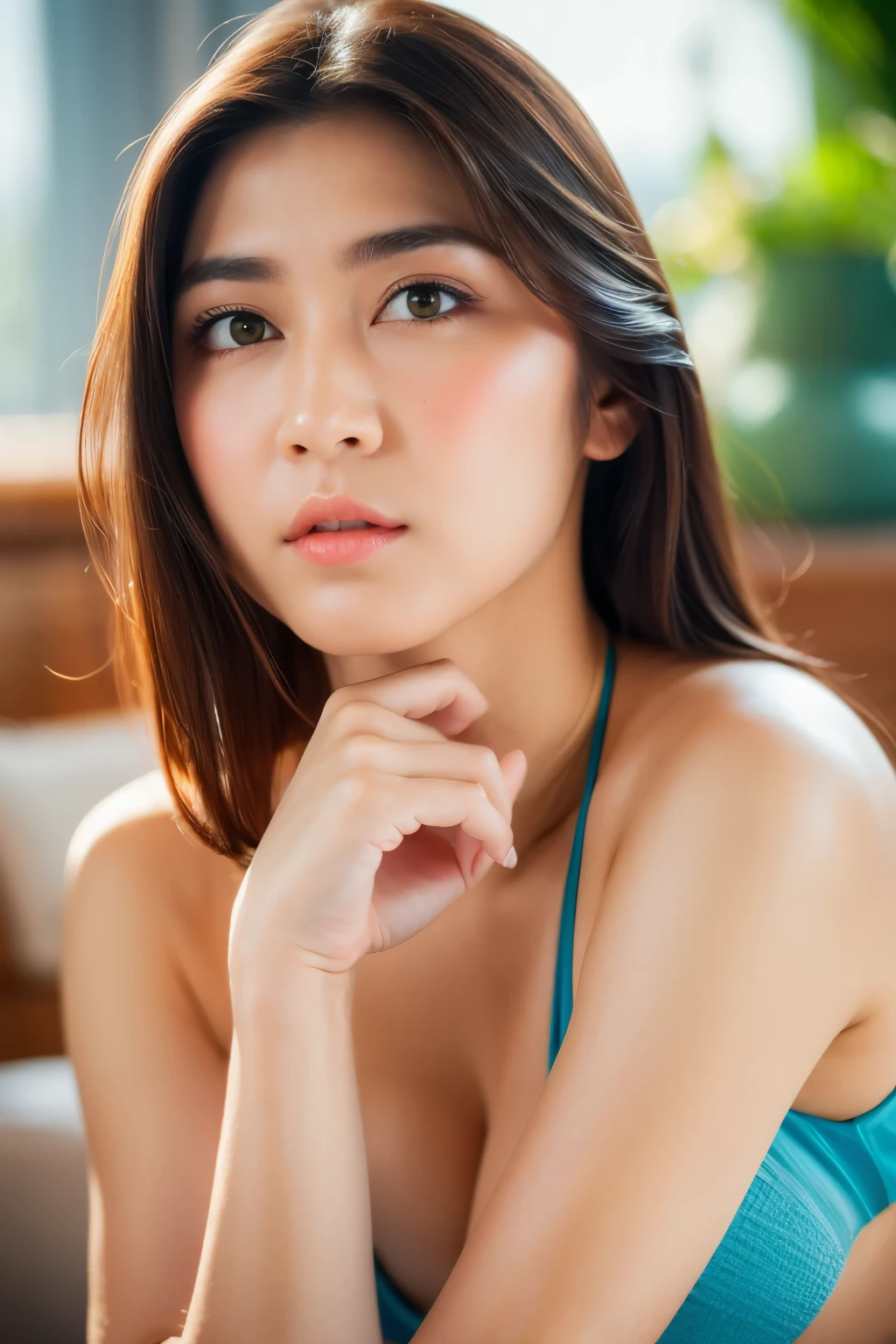 front pov, want to give a kiss pose, (blue bikini), looking at camera, front view, long hair, (detailed face), at bedroom, potrait body, (naked body), puckered up mouth, black eyes, 1 girl, 20yo,Young female,Beautiful Finger,Beautiful long legs,Beautiful body, Beautiful Nose,Beautiful character design, perfect eyes, perfect face,expressive eyes,perfect balance, (looking at viewer),extremely detailed CG unity 8k wallpaper, perfect lighting,Colorful, Bright_Front_face_Lighting,White skin, (masterpiece:1.0),(best_quality:1.0), ultra high res,4K,ultra-detailed, photography, 8K, HDR, highres, absurdres:1.2, Kodak portra 400, film grain, bokeh:1.2, lens flare, (vibrant_color:1.2),professional photograph, (Beautiful,huge_Breasts:1.4), (beautiful_face:1.5),(narrow_waist)