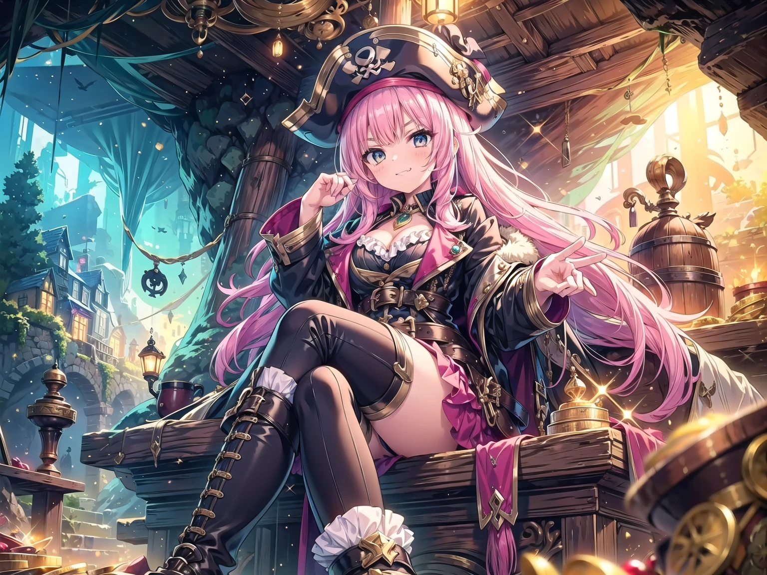 masterpiece, best quality, 1girl, solo, a girl in pirate suit with long hair sitting on the treasures and coins in a cave, treasures, jewel, gems, coins, glitter, long hair, pink hair, cleavage, captain hat, boots, frills, long coat, belts, crossed_legs, smug face, frome below
