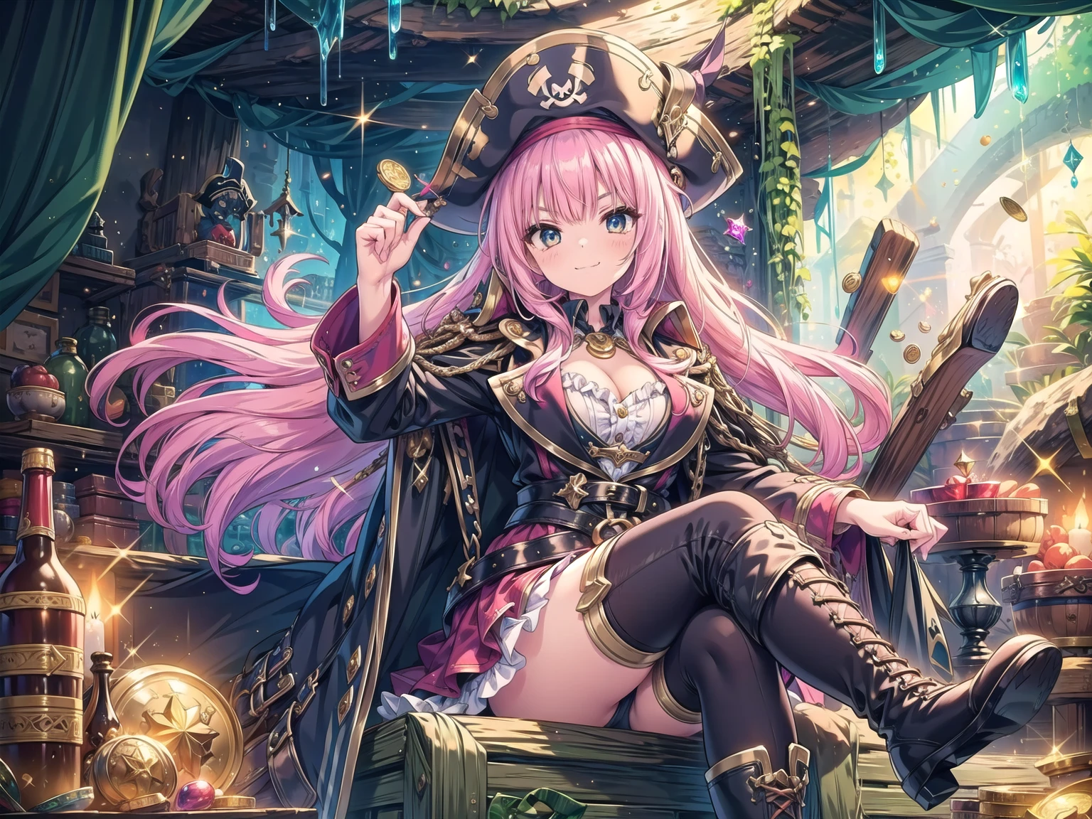 masterpiece, best quality, 1girl, solo, a girl in pirate suit with long hair sitting on the treasures and coins in a cave, treasures, jewel, gems, coins, glitter, long hair, pink hair, cleavage, captain hat, boots, frills, long coat, belts, crossed_legs, smug face, frome below