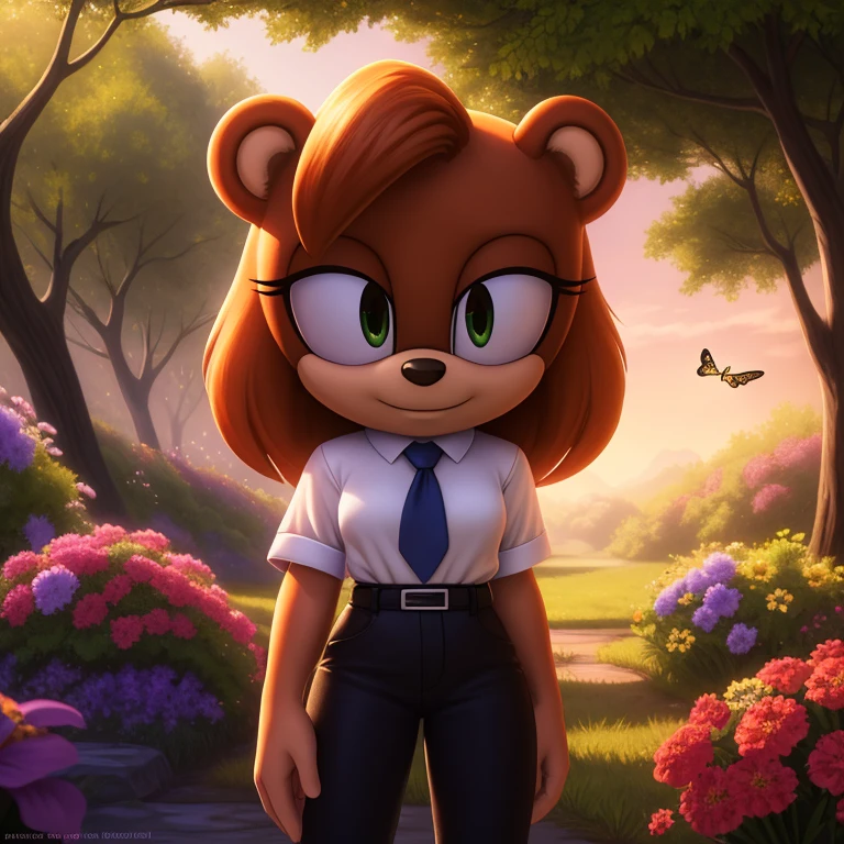 (bear girl mobian:1.3),brown fur,brown hair,green eyes,white shirt,black pants,pink tie,female mobian,buttoned shirt,dominant female,female mobian,(best quality,4k,8k,highres,masterpiece:1.2),ultra-detailed,(realistic,photorealistic,photo-realistic:1.37),portraits,vivid colors,lush green garden,soft sunlight,subtle shadows,peaceful atmosphere,vibrant flowers,butterflies flying around,birds singing in the background,gentle breeze,quietude and serenity.