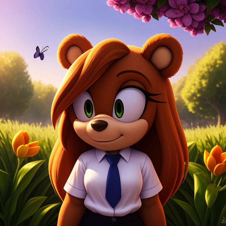 (bear girl mobian:1.3),brown fur,brown hair,green eyes,white shirt,black pants,pink tie,female mobian,buttoned shirt,dominant female,female mobian,(best quality,4k,8k,highres,masterpiece:1.2),ultra-detailed,(realistic,photorealistic,photo-realistic:1.37),portraits,vivid colors,lush green garden,soft sunlight,subtle shadows,peaceful atmosphere,vibrant flowers,butterflies flying around,birds singing in the background,gentle breeze,quietude and serenity.