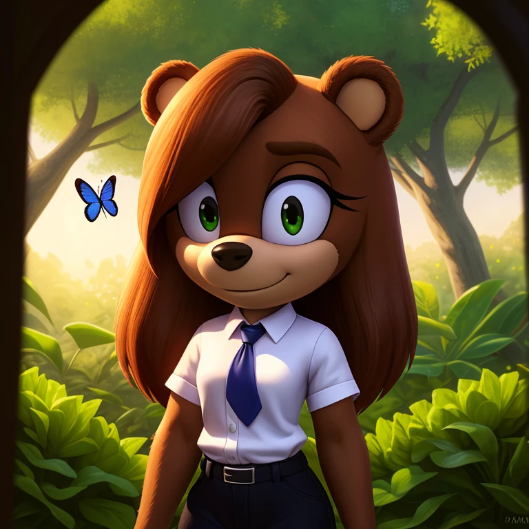 (bear girl mobian:1.3),brown fur,brown hair,green eyes,white shirt,black pants,pink tie,female mobian,buttoned shirt,dominant female,female mobian,(best quality,4k,8k,highres,masterpiece:1.2),ultra-detailed,(realistic,photorealistic,photo-realistic:1.37),portraits,vivid colors,lush green garden,soft sunlight,subtle shadows,peaceful atmosphere,vibrant flowers,butterflies flying around,birds singing in the background,gentle breeze,quietude and serenity.