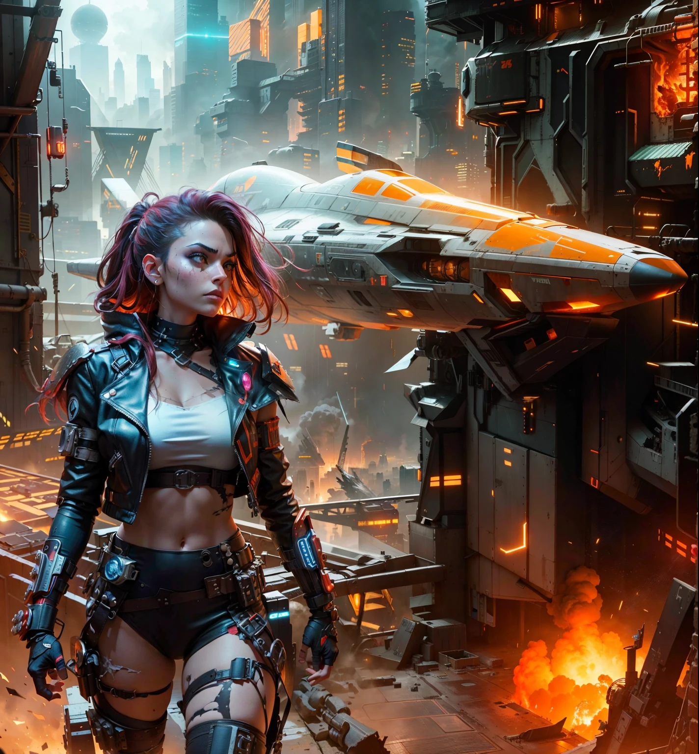 Scene:
The foreground is dominated by a breathtaking view of a cyberpunk warrior woman. Her chrome and leather armor gleams under the neon glow of the cityscape, each cybernetic enhancement a testament to her prowess. Her piercing gaze fixates on a point beyond the viewer, hinting at a hidden threat or unwavering determination.
In the background, a massive spaceship descends towards the sprawling spaceport. Its sleek, aerodynamic hull is marred by patches of flickering red, suggesting a fire raging within. Smoke and sparks billow from its underbelly, casting an ominous orange haze on the landing platform below.
Details:
The warrior woman's cybernetic enhancements could include a glowing eye implant, a concealed arm cannon, or reinforced exoskeletal limbs.
The cityscape is a chaotic blend of towering megastructures, neon advertisements, and flickering holographic displays. Rain slicks the metallic streets, reflecting the vibrant lights in a kaleidoscope of colors.
The spaceship's design hints at its troubled arrival. Burn marks scorch its surface, and emergency lights flash frantically. Cargo containers dangle precariously from its damaged hull.
Mood:
The scene evokes a sense of tension, urgency, and defiance. The warrior woman stands poised for action, her confident stance a stark contrast to the turmoil brewing in the background. The fiery spaceship foreshadows an impending crisis, yet the warrior's unwavering gaze suggests a flicker of hope amidst the chaos.
