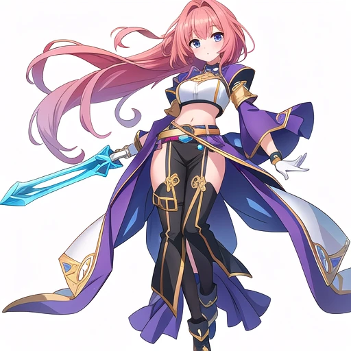 solo female, midriff, ((( white background))), character focus, fantasy clothes, standing, grove cuff, gloves, character design,