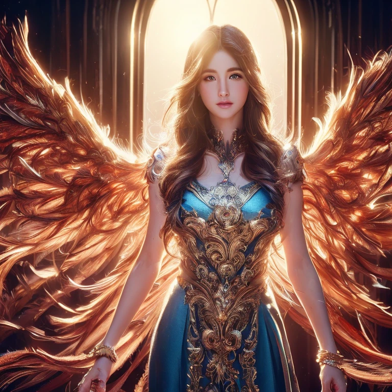 (Detailed CG illustration、digital art:1.4),Winged female, saint, huge long hair, brown hair, huge brown feathers, blue long dress, pale skin, blue eyes, Illuminate the eyes, rosy cheeks, spirit hole, lighting aura, gold bracelet, gold sword , Backlight, sun, river, saint, Front view of the body, Angel from heaven、(((full body shot)))