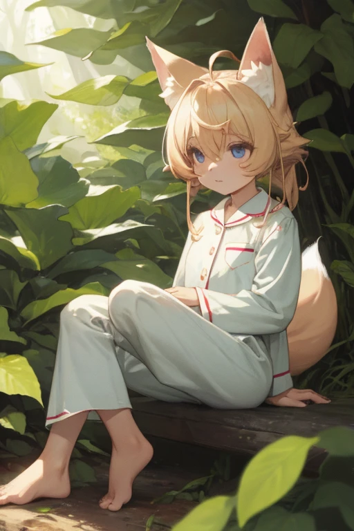 High-quality professional photo, in a 4k, Depicts in realistic detail a charming girl wearing soft white pajamas with fox ears and tail. She&#39;s sitting in the middle of the enchanted forest, Where every element is photographed to perfection. Pajama texture, The ears and tail are sharp and tangible. Sunlight falls on the leaves and gently illuminates the girl's face, Highlight every subtle and charming expression  