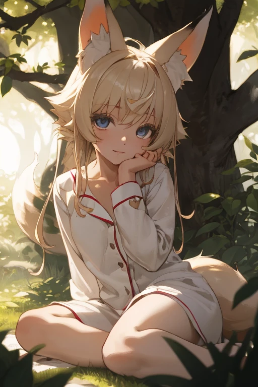 High-quality professional photo, in a 4k, Depicts in realistic detail a charming girl wearing soft white pajamas with fox ears and tail. She's sitting in the middle of the enchanted forest, Where every element is photographed to perfection. Pajama texture, The ears and tail are sharp and tangible. Sunlight falls on the leaves and gently illuminates the girl's face, Highlight every subtle and charming expression