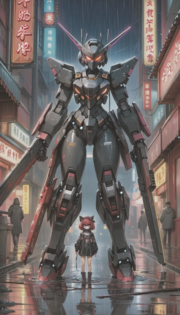 cyber punk，cute girl，bob，Blood on the face，neon sign，Chinatown at night，neon sign，miscellaneous，night rain，get wet in the rain，Reflected in a puddle，Mecha Armament，railgun，Mask like Casshern，Red eyes glowing，Like the end of the century，