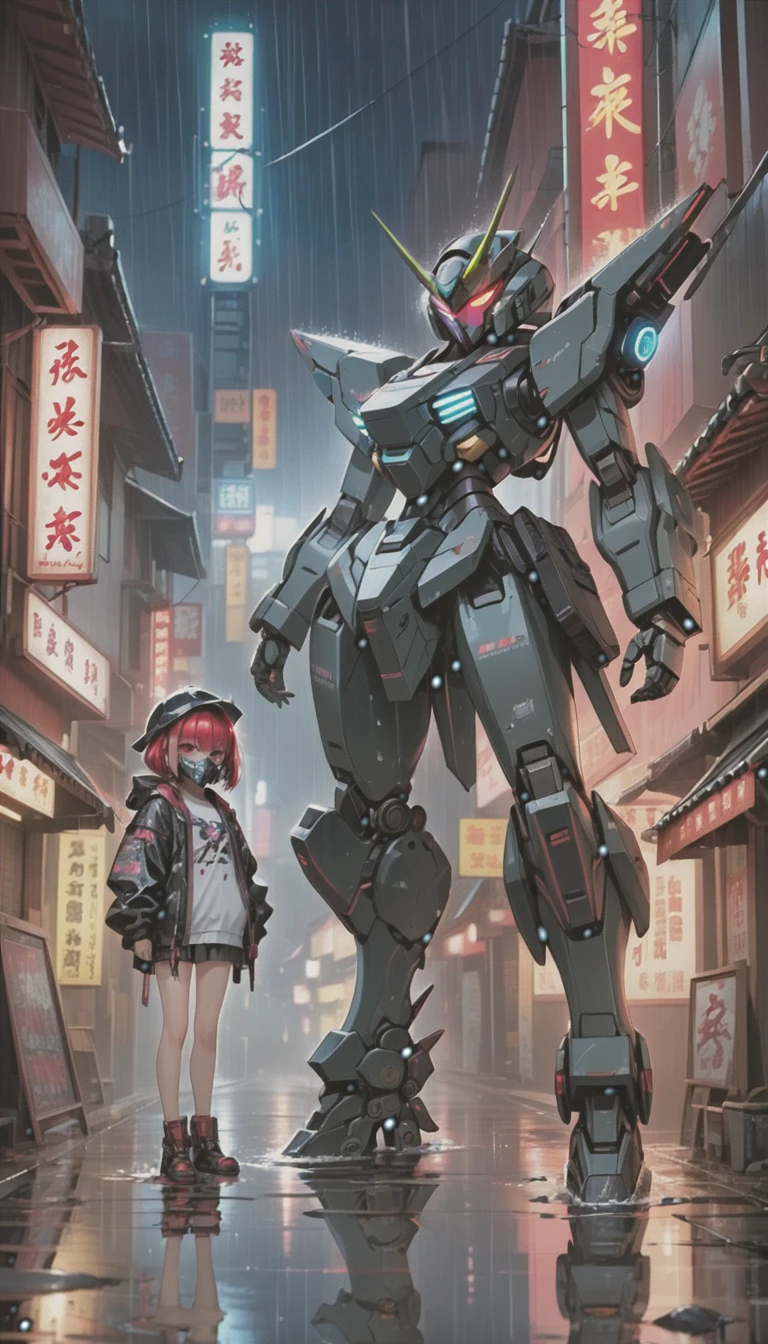 cyber punk，cute girl，bob，Blood on the face，neon sign，Chinatown at night，neon sign，miscellaneous，night rain，get wet in the rain，Reflected in a puddle，Mecha Armament，railgun，Mask like Casshern，Red eyes glowing，Like the end of the century，