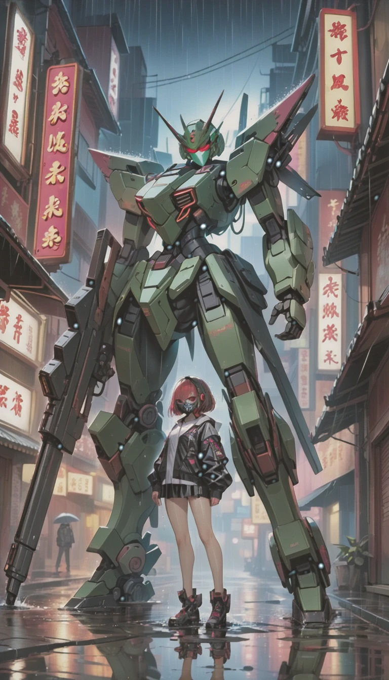 cyber punk，cute girl，bob，Blood on the face，neon sign，Chinatown at night，neon sign，miscellaneous，night rain，get wet in the rain，Reflected in a puddle，Mecha Armament，railgun，Mask like Casshern，Red eyes glowing，Like the end of the century，