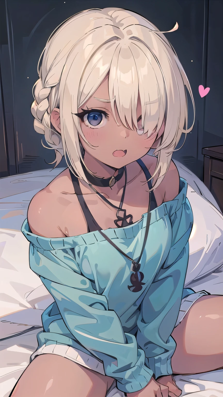 (masterpiece:1.2), (highest quality:1.2), perfect eyes, perfect face, perfect lighting, middle ages, bed, 1 boy,blonde　aqua eye, ((((((hair over one eye)))))), Braid Styles, spiked hair, blunt bangs, bob hair, a braid, Ahoge, ((((nude)))), cute eyes, medium breast, ((((glaring)))), open mouth, ((from above)), ((front)), ((arms behind back)), ((spread legs)), orgasm, scared, , (abs), ((ahegao)), smile+happy, fang, spoken heart, crying face, (((dark skin)))