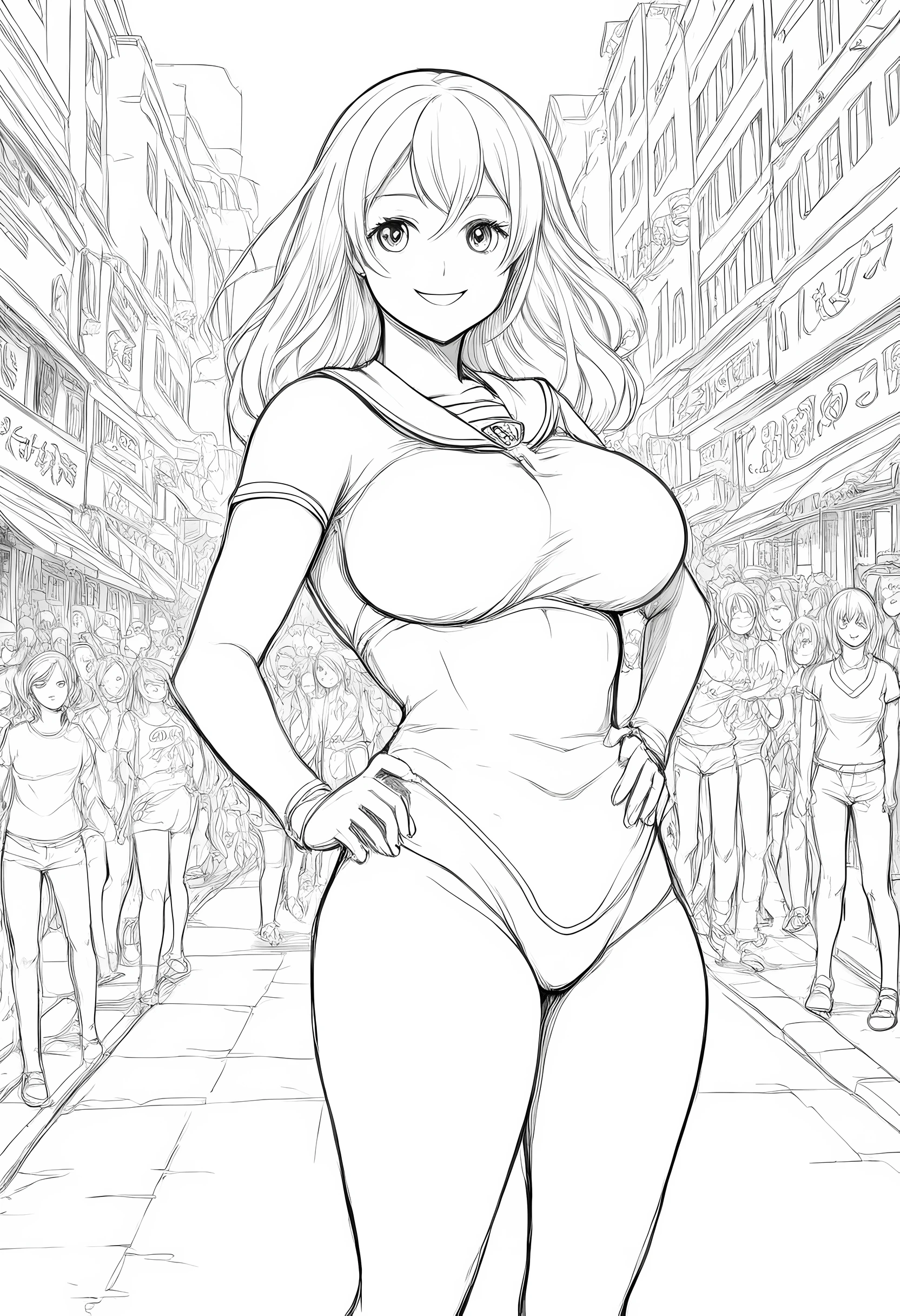 master piece, best quality, high resolution / hires, ultra-detailed, illustration, from front, cowboy shot, looking at viewer, natural smile, standing pose, monochrome, line drawing, ((sketch)), illustration, (lineart:1.3), line drawing, ((sketch)), high contrast, full body shot, sailor costumes, dancing on the crowed street, 1girl, slim, abs, gigantic breasts, giga_busty