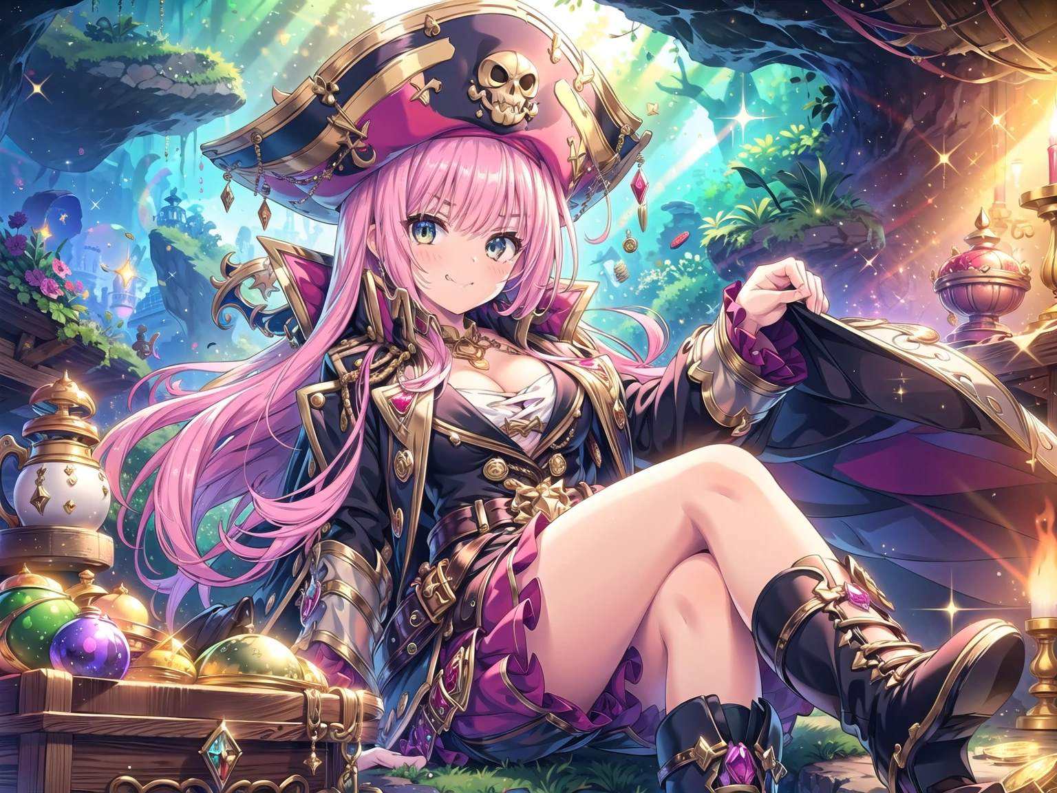 masterpiece, best quality, 1girl, solo, a girl in pirate suit with long hair sitting on the treasures and coins in a cave, treasures, jewel, gems, coins, glitter, long hair, pink hair, cleavage, captain hat, boots, frills, long coat, belts, crossed_legs, smug face, frome below