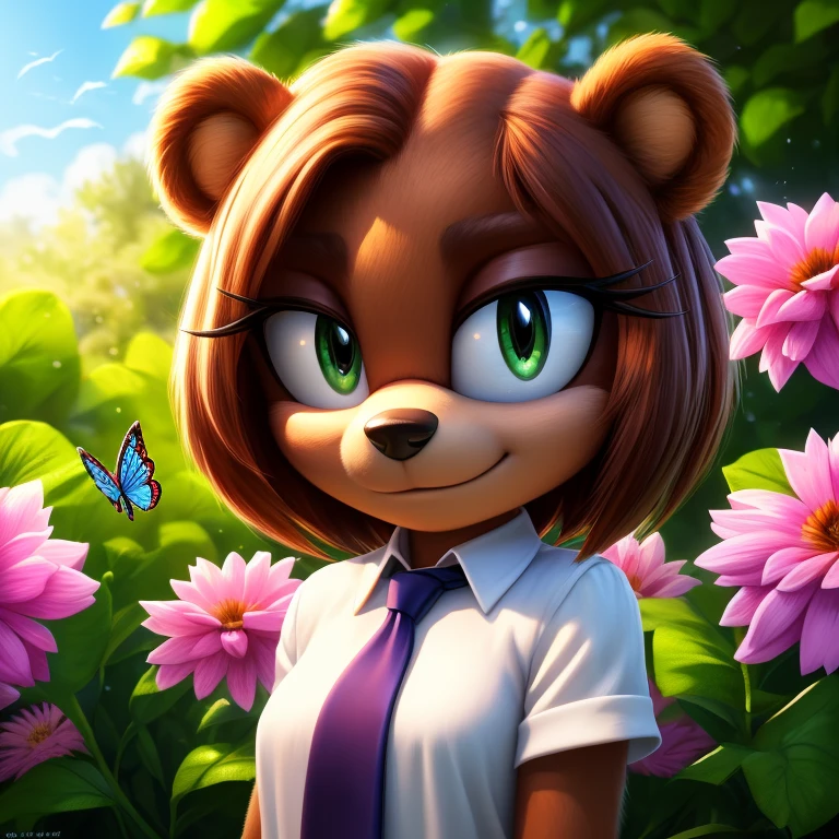 (bear girl mobian:1.3),brown fur,brown hair,green eyes,white shirt,black pants,pink tie,female mobian,buttoned shirt,dominant female,female mobian,(best quality,4k,8k,highres,masterpiece:1.2),ultra-detailed,(realistic,photorealistic,photo-realistic:1.37),portraits,vivid colors,lush green garden,soft sunlight,subtle shadows,peaceful atmosphere,vibrant flowers,butterflies flying around,birds singing in the background,gentle breeze,quietude and serenity.
