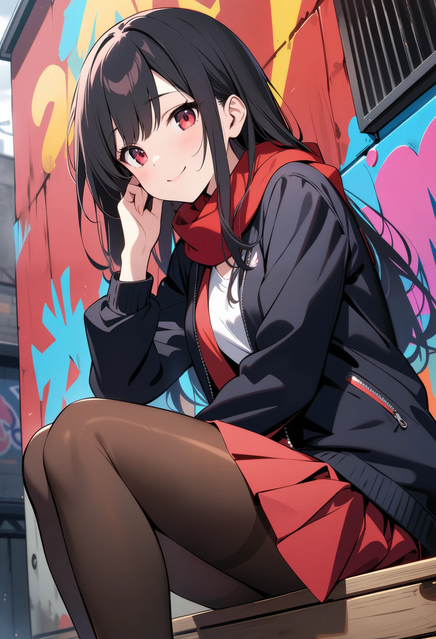 顶级animation质量,animation,HD,1080P,solo,(low angle),a woman,close mouth,smile,extremely detailed black hair and happy eyes,long hair with swept bang,(One hand touching the face),sitting on the steps,(red scarf, black zip up jacket and red pleated skirt),trend,detailed pantyhose,Sitting on a wooden box,Graffiti wall background,dark feeling,(cool feeling),(Gloomy atmosphere)