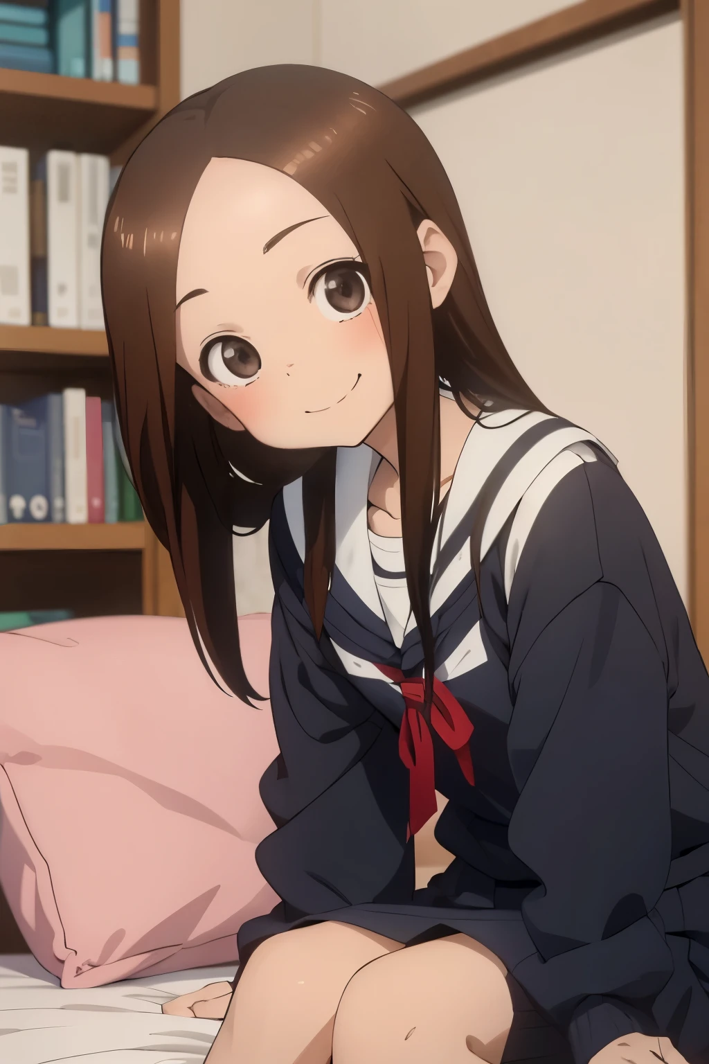 masterpiece, best quality, Takagi1, 1girl, long hair, bangs, shirt, black hair, long sleeves, 1boy, sitting, school uniform, collarbone,white shirt, serafuku, solo focus, indoors, sailor collar, depth of field, blurry background, smile, chair, from_side, red neckerchief, forehead, desk, classroom, look at viewer, hand on own face, Panty Pose, (Fully exposed panties:1.5)、(white panties:1.3)、(Skirt that rolls up:1.3)、(Skirt lift:1.3), Panty shots,