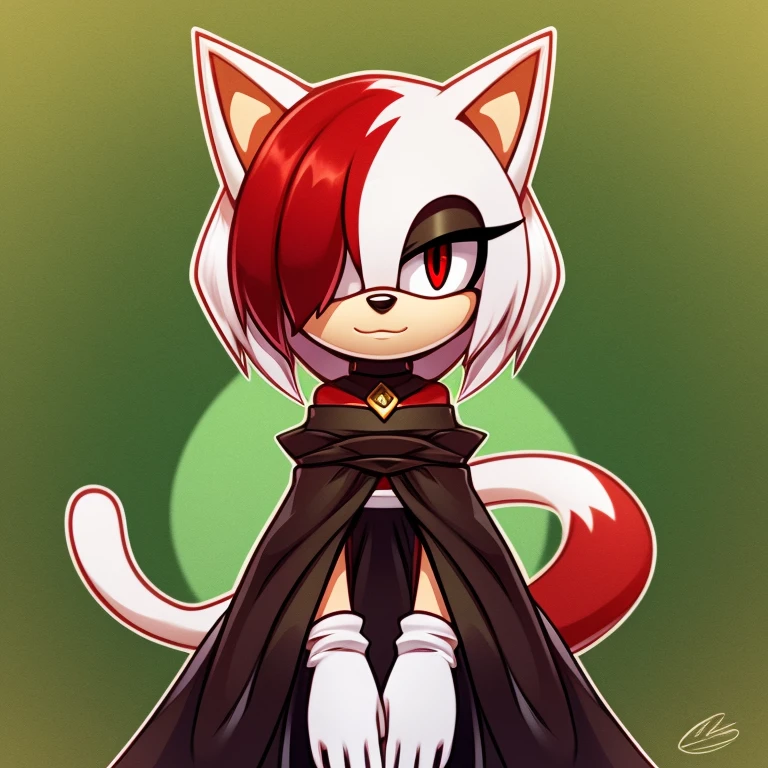solo, Sage, mobian, slit pupils, cat ears, female mobian, looking at viewer, (white hair, red hair, two-tone hair, hair over one eye), red eyes, outline, Intricate Details, Masterpiece, Best Quality, High Quality, Studio Quality, Best Detail, Perfect Detail, Refine Detail.