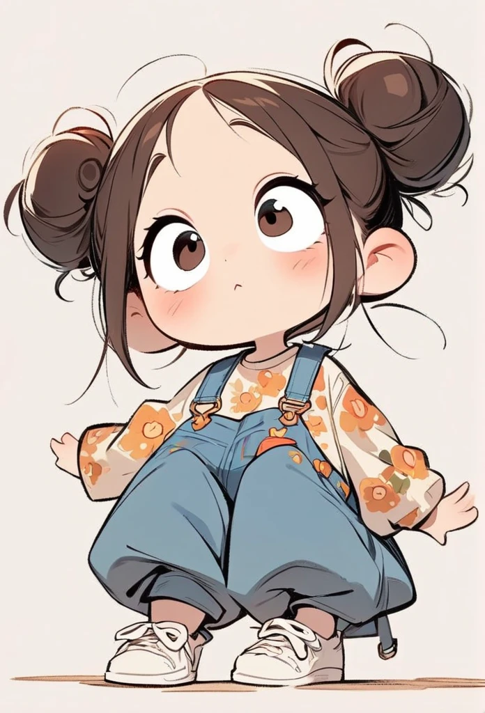 (masterpiece, best quality:1.2), cartoonish character design。1 girl, alone，big eyes，cute expression，Two hair buns，Floral shirt，Overalls，White sneakers，stand，interesting，interesting，clean lines