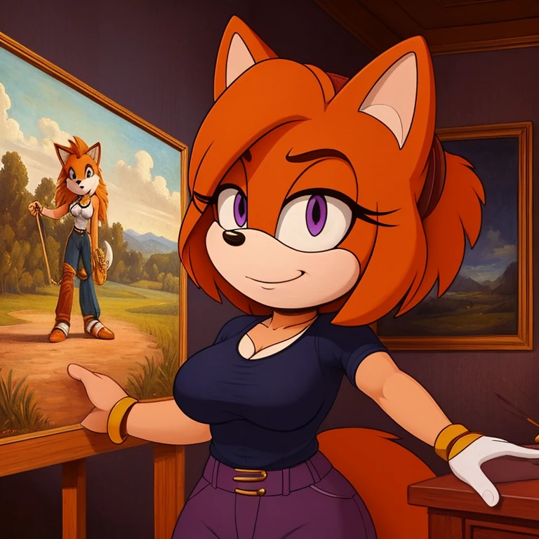19th century painting, ((mobian)) cat girl mobian, female mobian, purple eyes, (light orange fur:1.2), light orange hair, shirt, pants, herculean, aggressive, breasts, outline, Intricate Details, Masterpiece, Best Quality, High Quality, Studio Quality, Best Detail, Perfect Detail, Refine Detail.