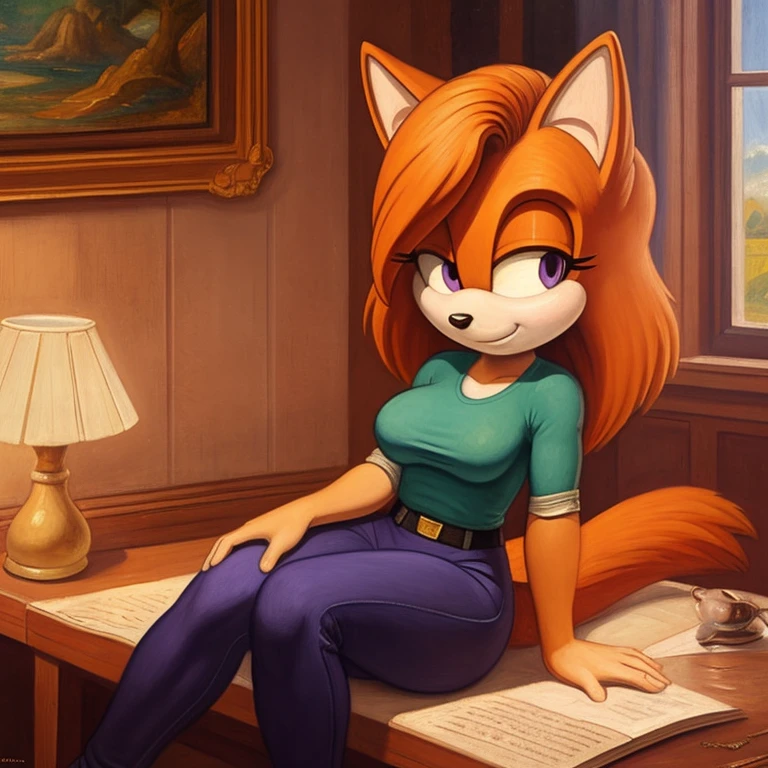 19th century painting, ((mobian)) cat girl mobian, female mobian, purple eyes, (light orange fur:1.2), light orange hair, shirt, pants, herculean, aggressive, breasts, outline, Intricate Details, Masterpiece, Best Quality, High Quality, Studio Quality, Best Detail, Perfect Detail, Refine Detail.