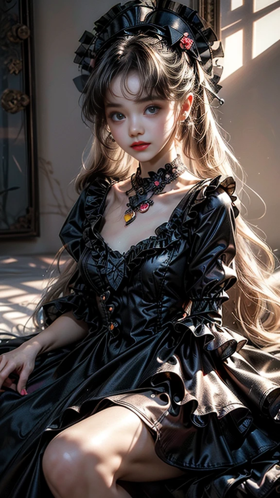 8K, ultra hd, masterpiece, 1 girl, (innocent face:1.4), detailed eyes, very long hair,soft makeup, impressive hairstyle, earings, necklace, medium breasts, (black dress:1.5), (Lolita dress:1.5) Light-colored foundation brings out the transparency of the skin, (in the wonderland:1.5), mystery, diwali lights, glowing lights, very decoration, The lights falls like water, perfect body,looking at viewer, model pose ,(bestquality lighting and shadow)